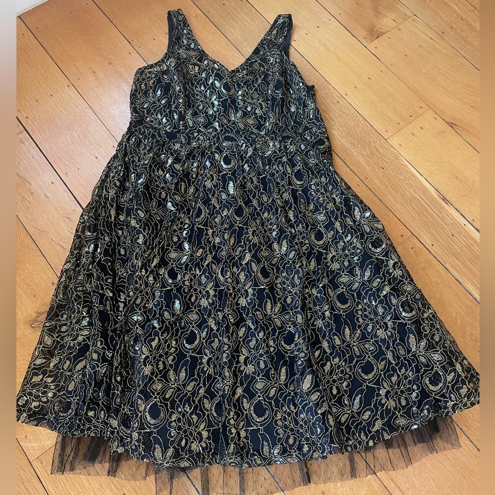 Motherhood Maternity size S black and gold lace dress.